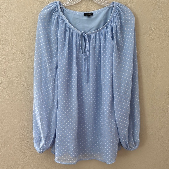 Women’s Talbots Polka Dot Blue/White Top, Large, Lined Sheer Long Sleeve - Picture 1 of 6